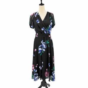 DKNY Black Floral Crepe Chiffon V-Neck Surplice Faux Wrap Belted Midi Dress